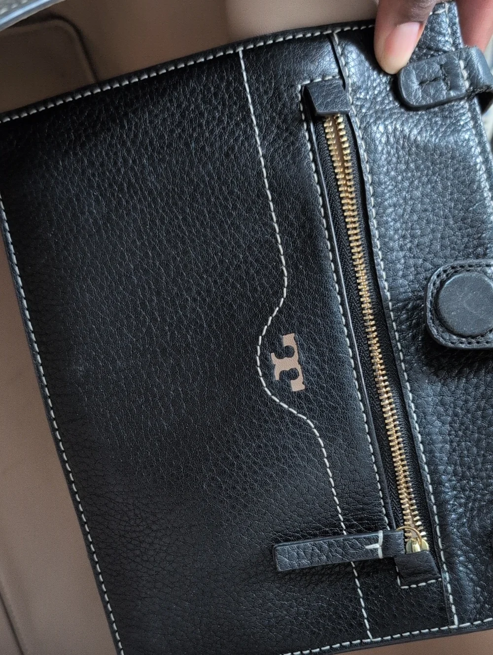 Black Leather Tote Bag with Perforated Detail.